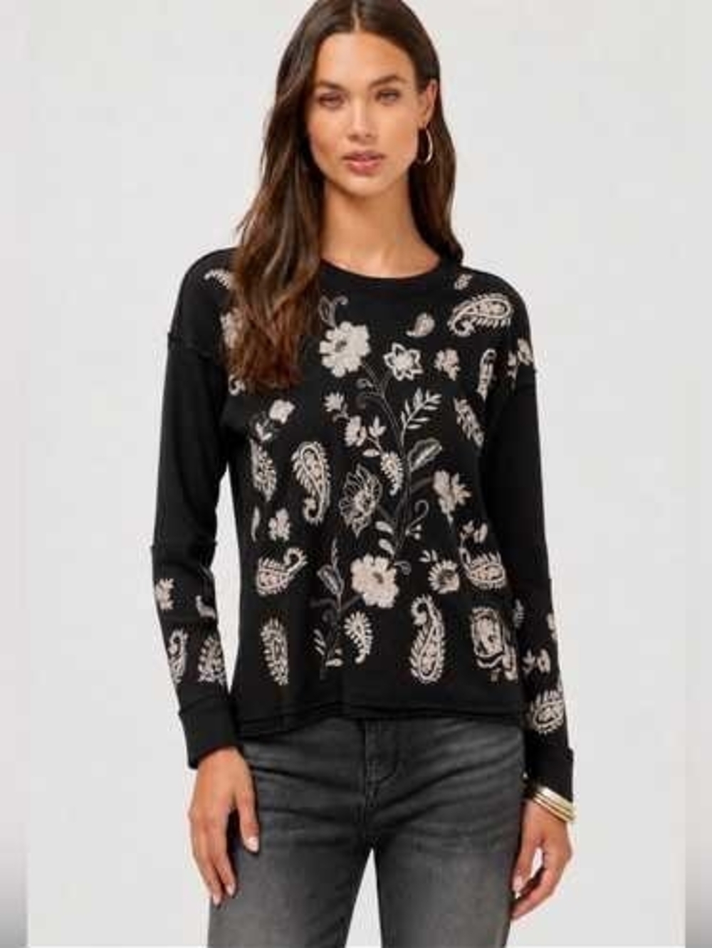 Johnny Was Daniela Patchwork Thermal Black Embroidered Floral Top  Size M